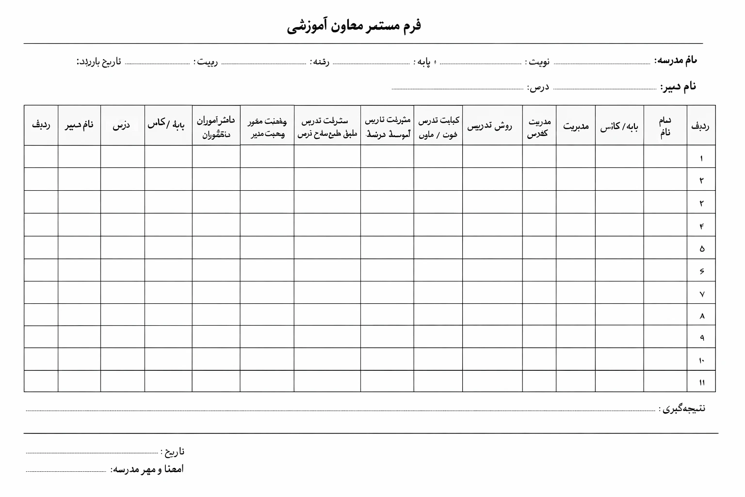 فرم مستمر معاون آموزشی و دانلود نمونه فرم ارزشیابی معاون اجرایی رایگان
